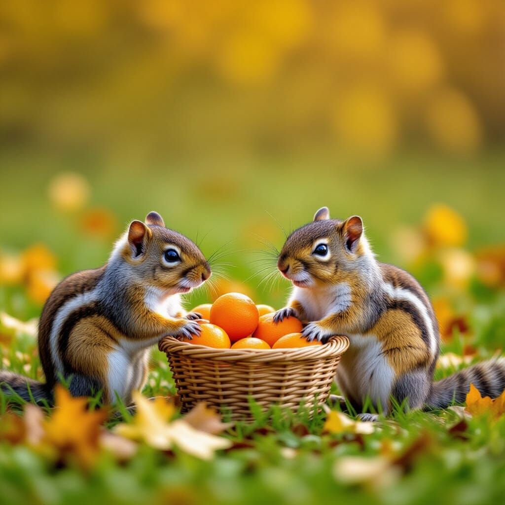 Cute Squirrels Harvesting Oranges in Autumn Field Cartoon St...
