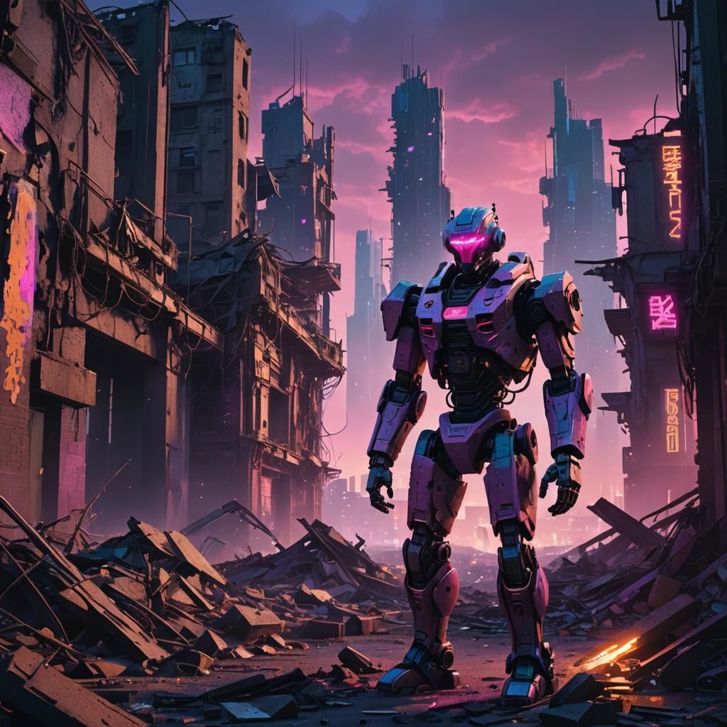 Ruined Robot in Cyberpunk Cityscape at Dusk