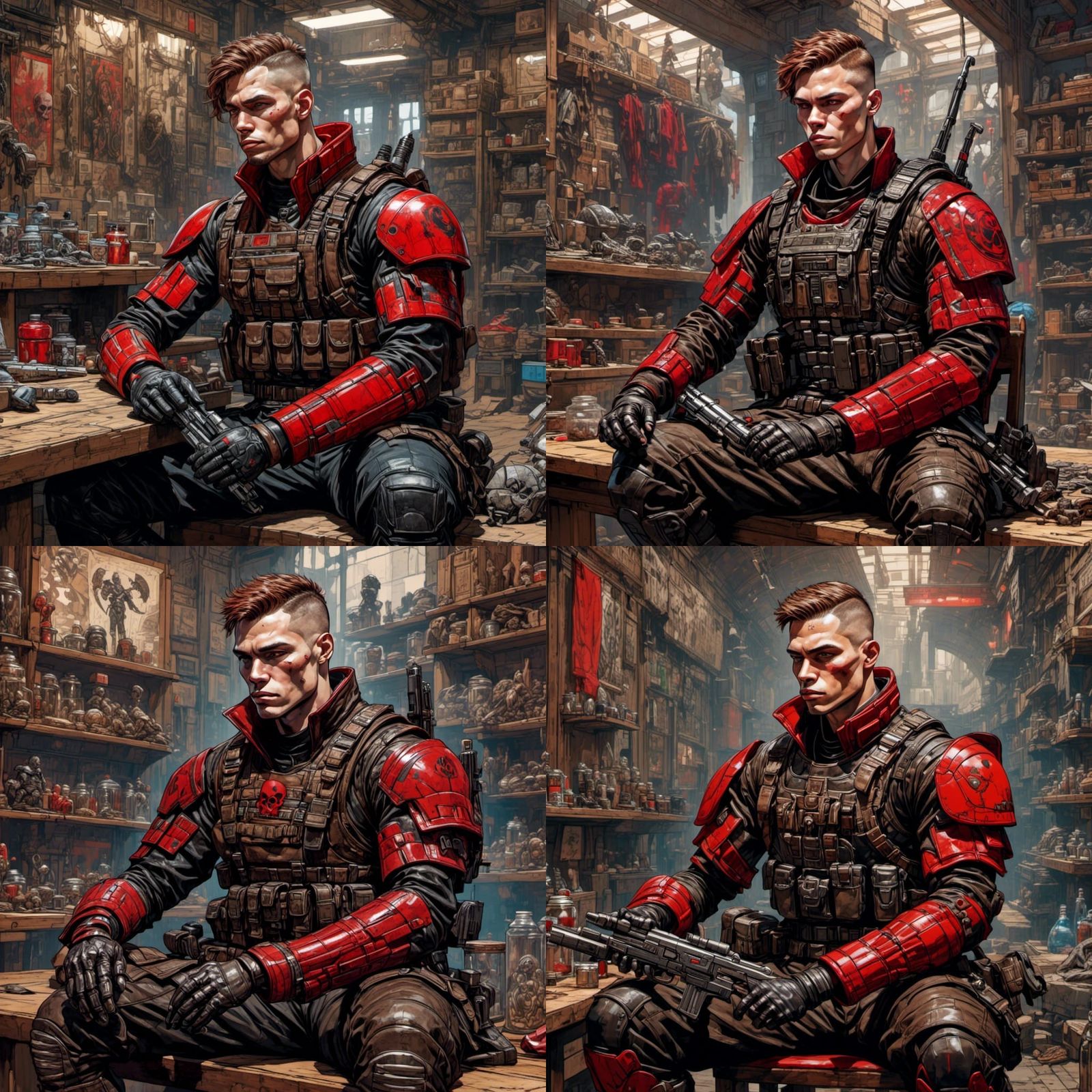 Cyberpunk Soldier in Thrift Shop: Detailed Illustration