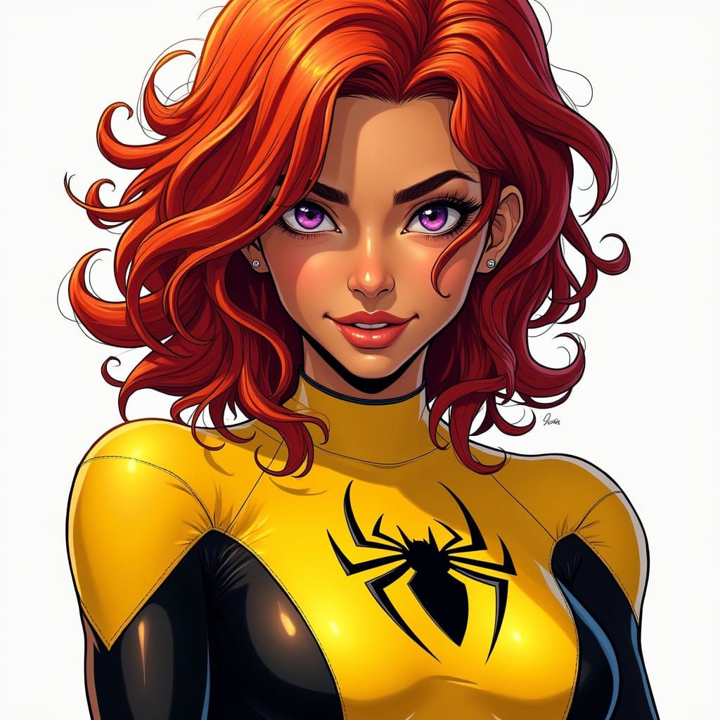 Latinx Superhero Girl with Messy Red Hair and Purple Eyes