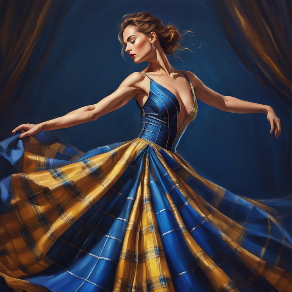 Elegant Woman Dancing in Sapphire and Gold Ballgown