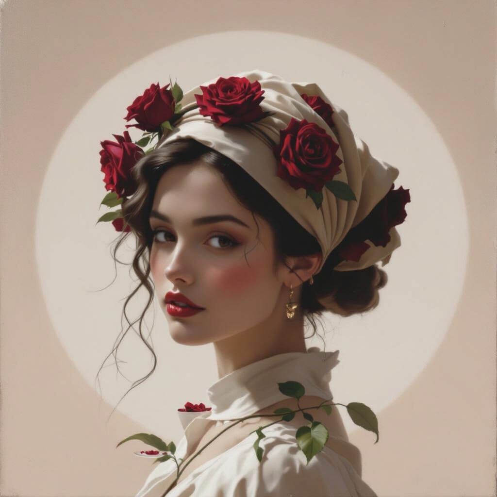 Woman with Rose and Wine in Vermeer Style