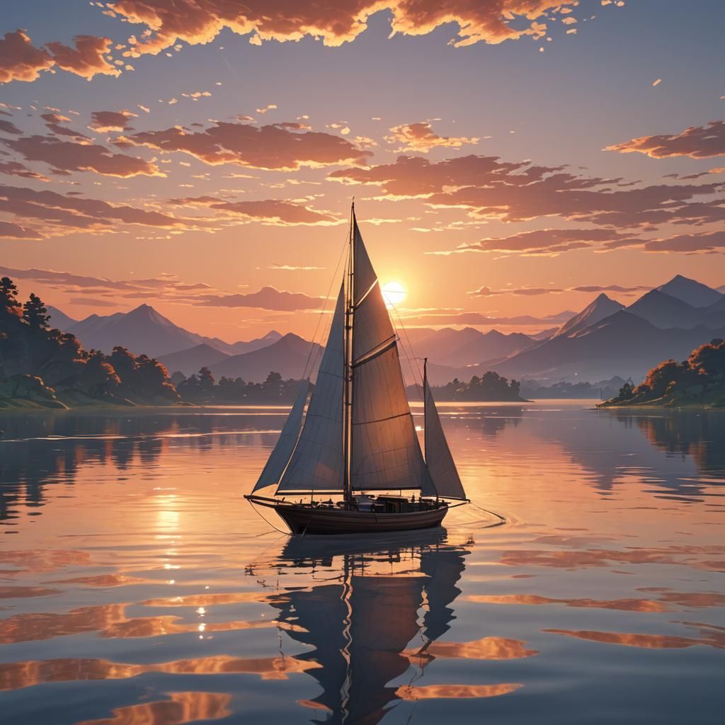Sailboat on Serene Lake: 3D Anime Art