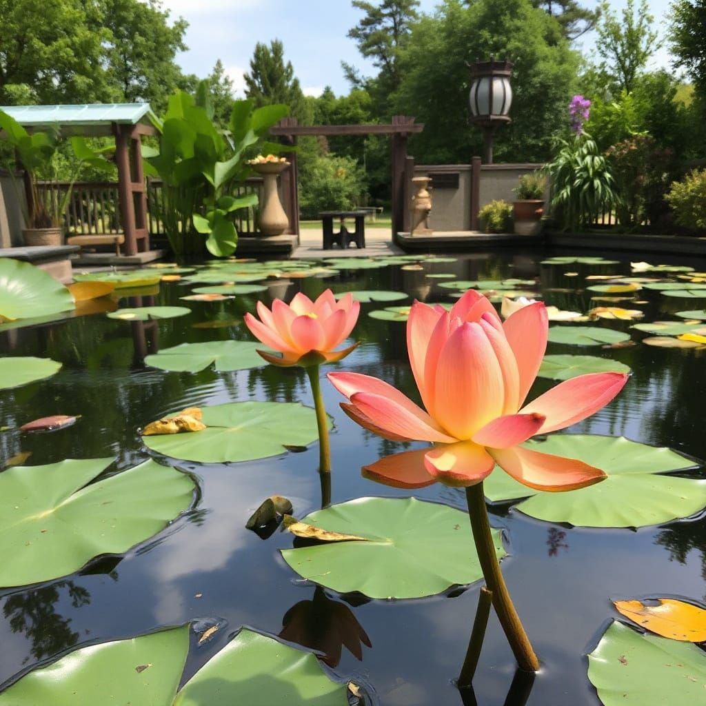Surreal Japanese Garden Scene with a Vibrant Orange Lotus