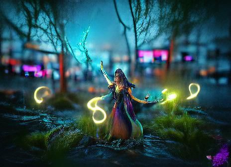 Sorceress Spellcasting in Neon-Lit Digital Illustration