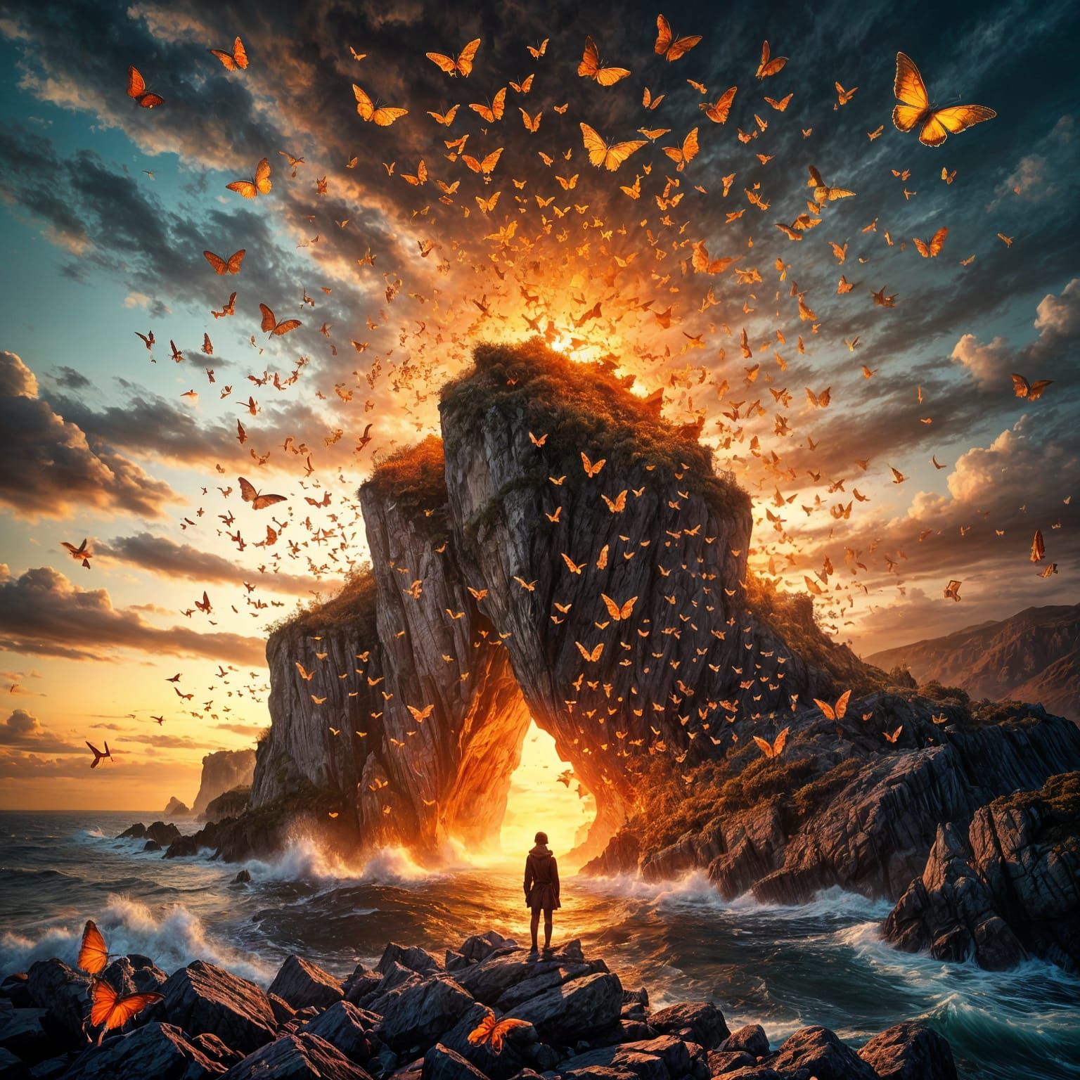 Ethereal Moth Emergence from Cliffside Figure