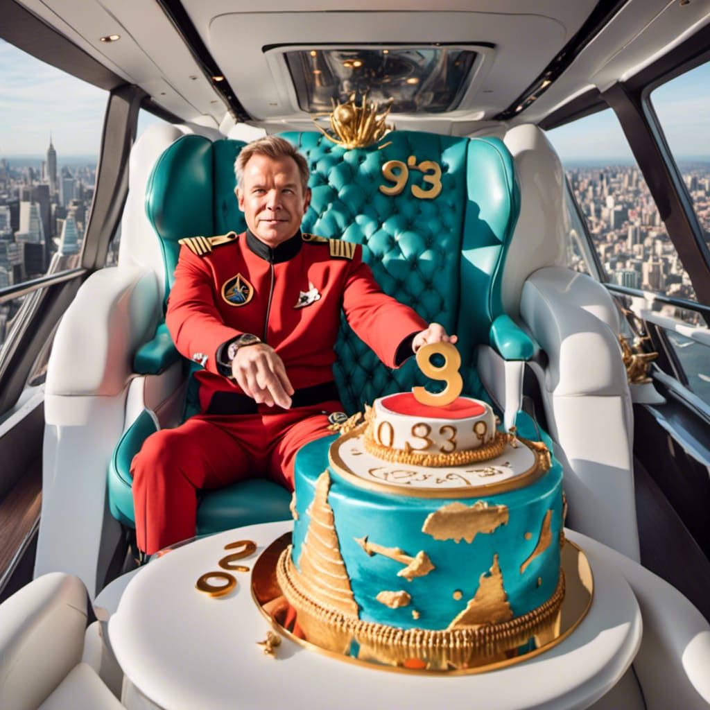 <lora:Maximalist interior:1.0> captain kirk, captain's chair on the bridge, holding a birthday cake, "93"