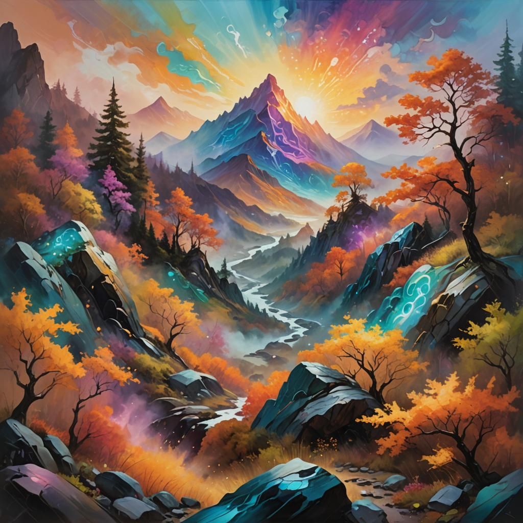 Iridescent Mountain Range in Dreamlike Landscape