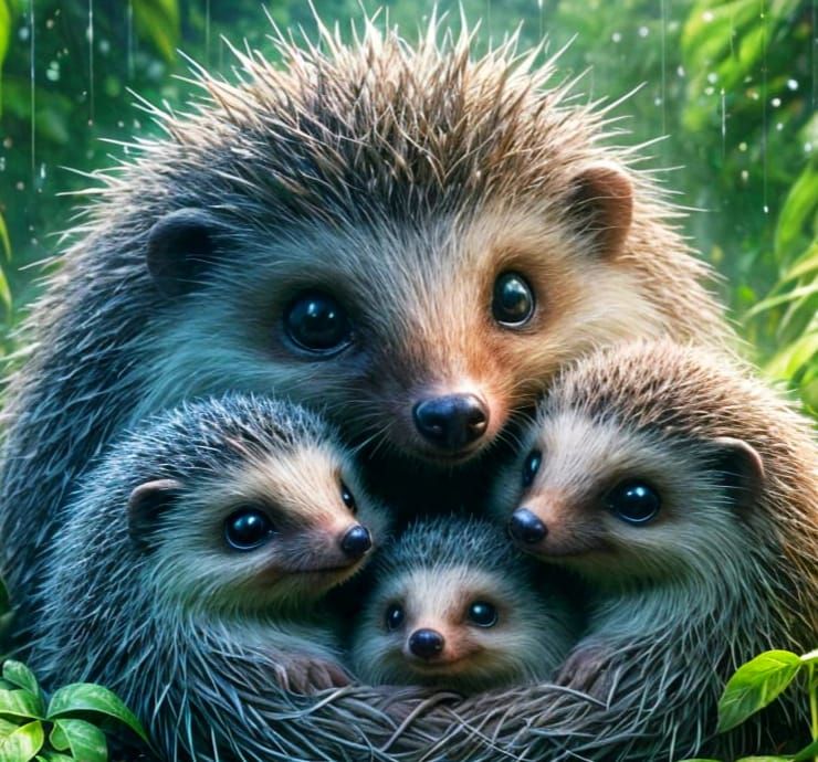 Hedgehog Family Portrait in Enchanted Garden