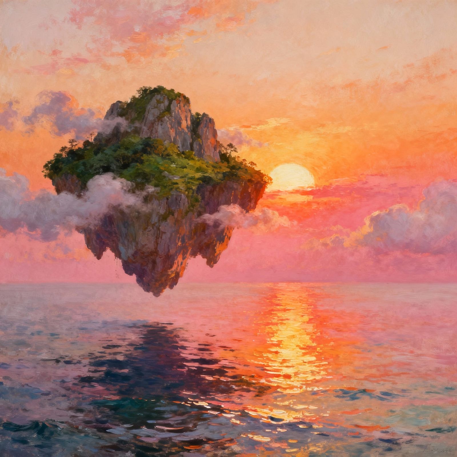 Floating Island Over a Vibrant Sunset Sea