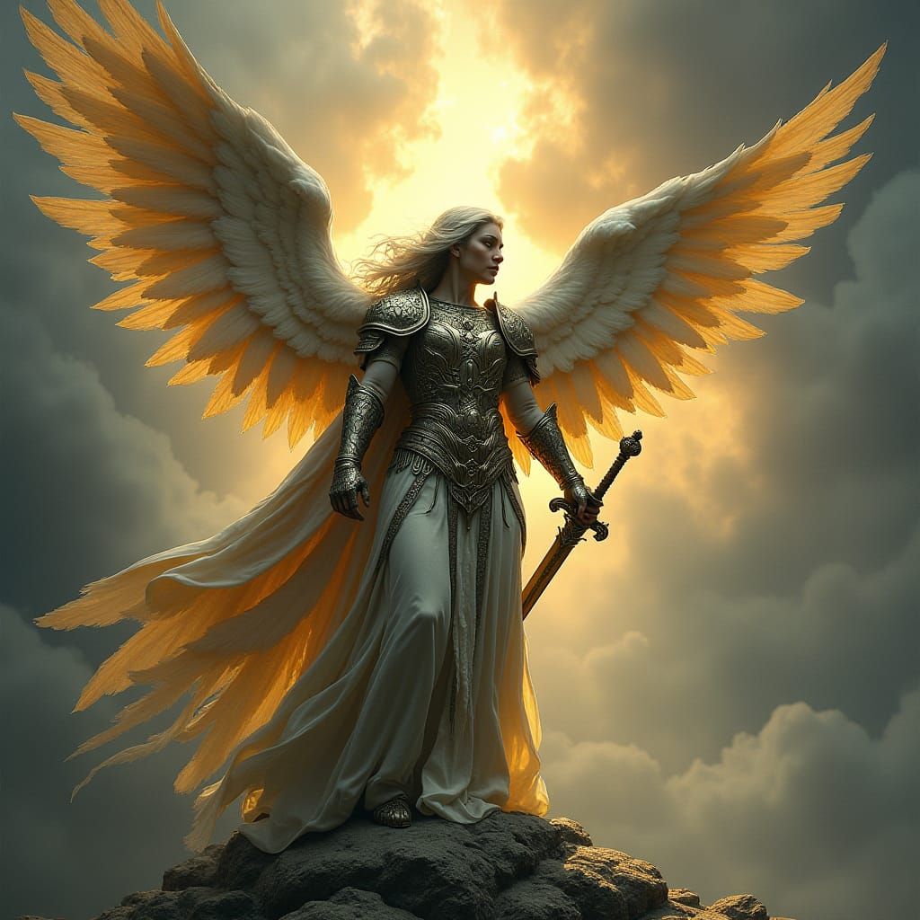 Majestic Armored Angel with Sword in Art Nouveau Style
