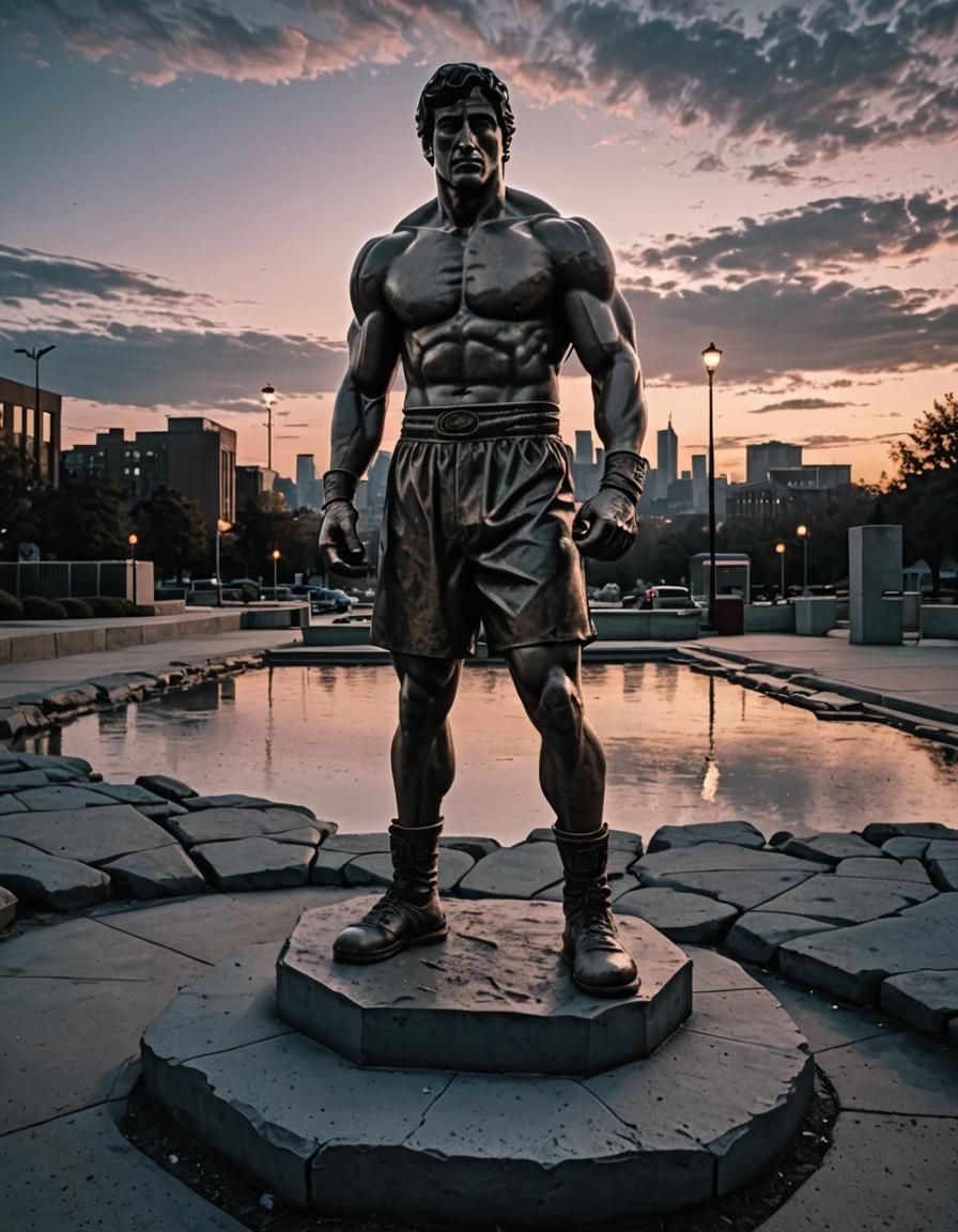 Rocky Balboa statue at dusk. contrasting colors,deep color,movie poster,concrete art, volumetric lighting, wide-angle le...