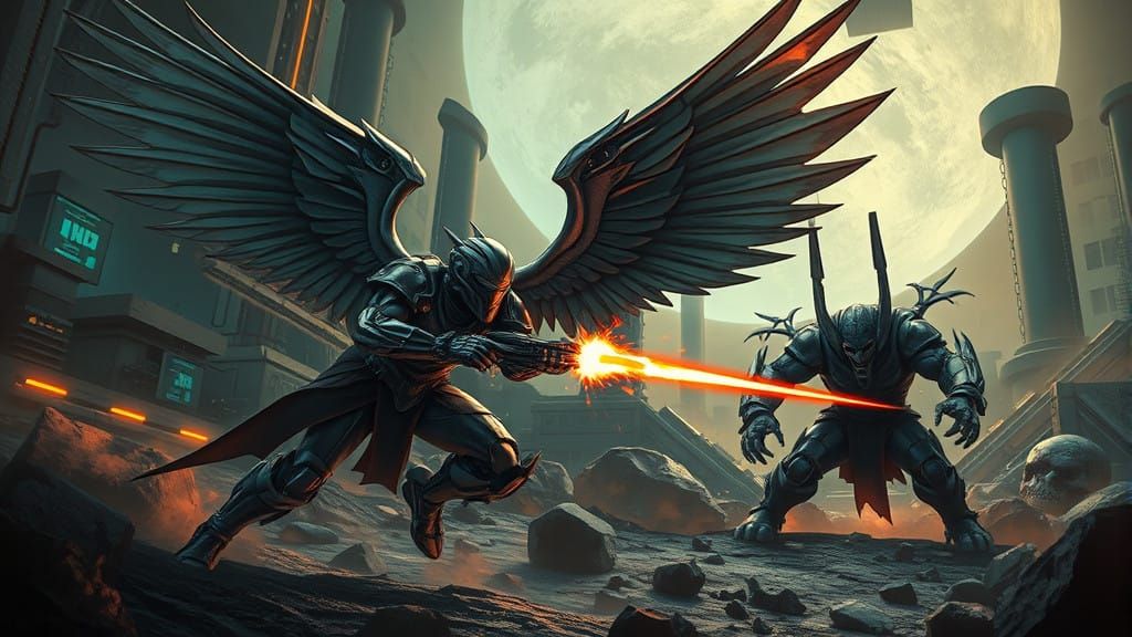 Cybernetic Angel Battles Fierce Orc in Gritty Sci-Fi Ruins