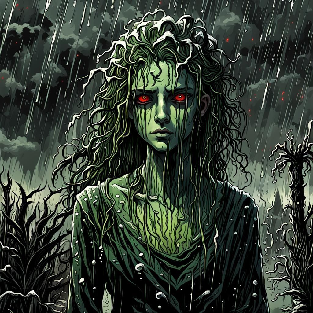 Scruffy Plant Girl in the Rain, Horror Aesthetic