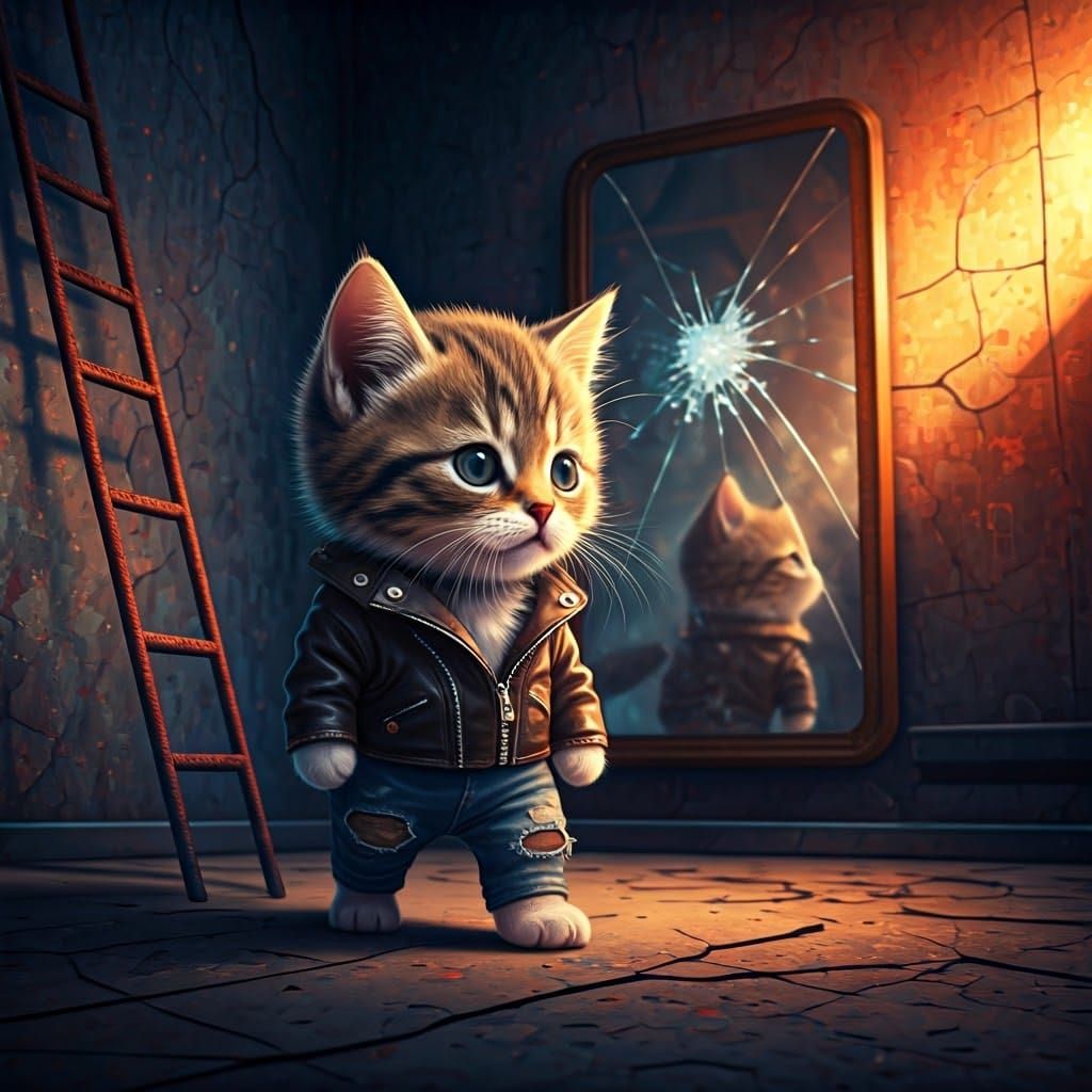 Kitten's Dystopian Walk: A Fantastical Digital Painting