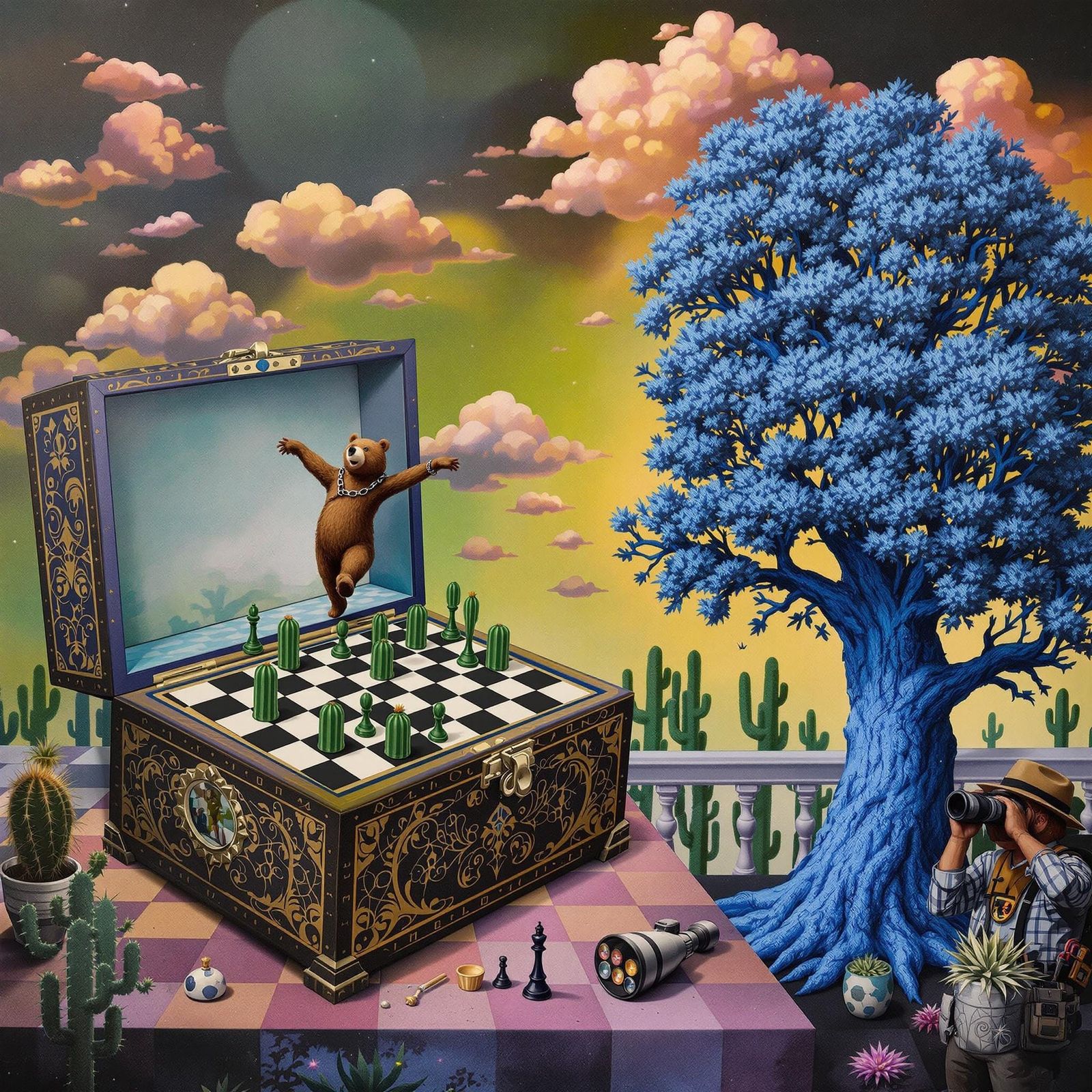 Surreal Musical Box and Chessboard Painting