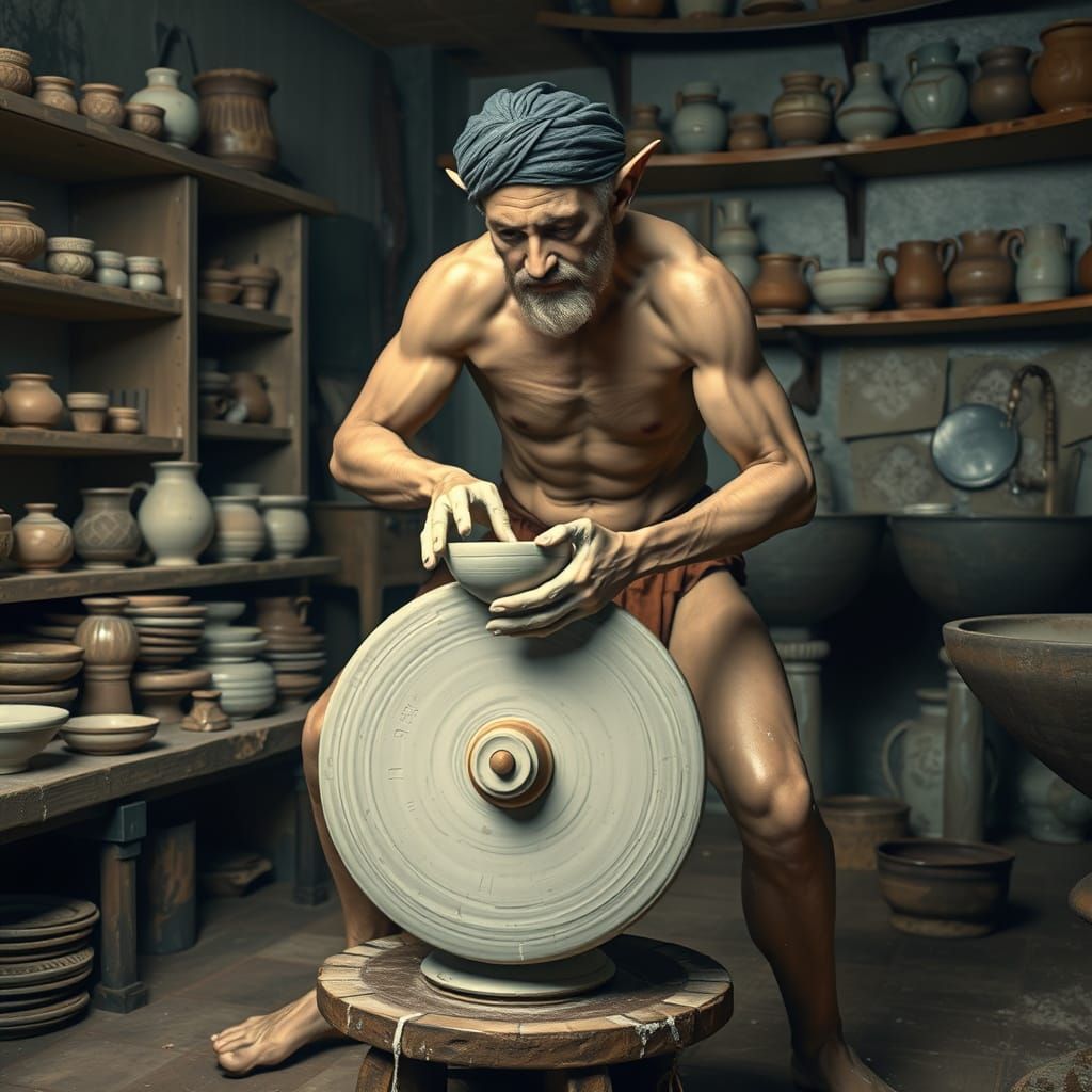 Elven Potter at Wheel: Hyperdetailed Artstation Portrait