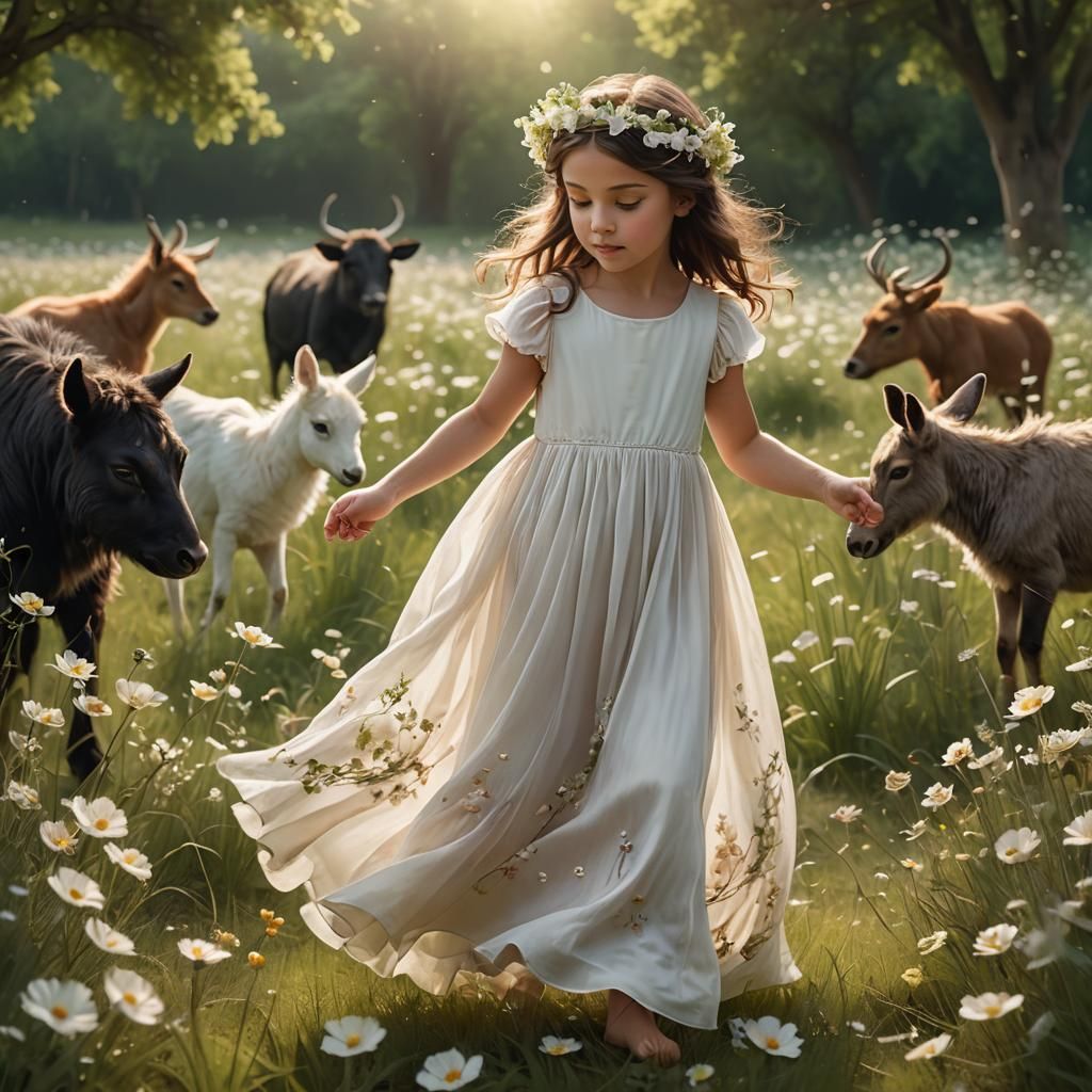 Whimsical Portrait of Girl in Flower Meadow