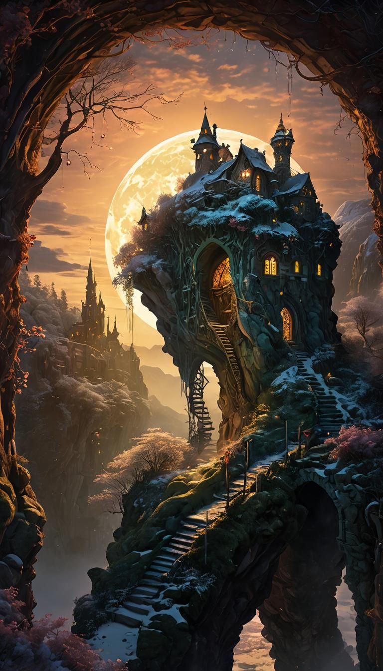 Boy's Beanstalk Ascent to Cloud Village in Watercolor