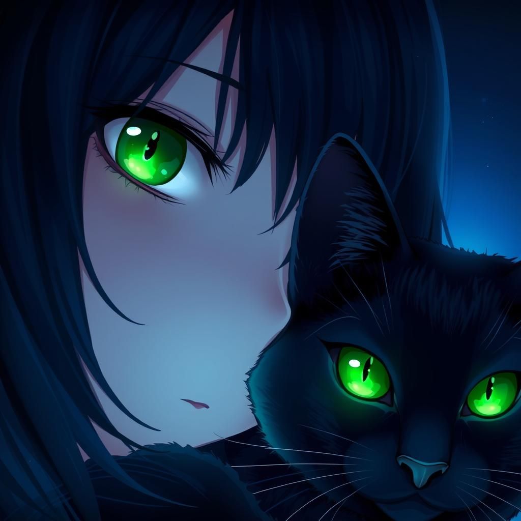 Glowing Green Eyes: Girl and Cat in Anime Style