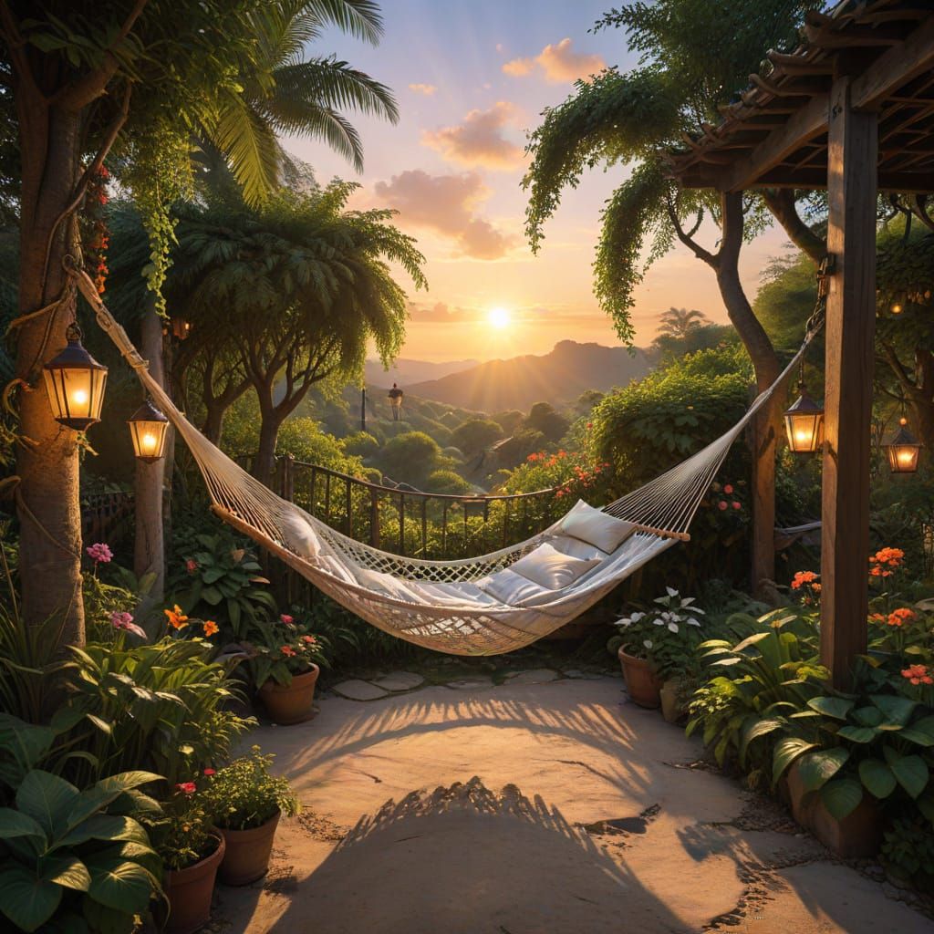 Relaxing Hammock at Sunset in a Magical Glowing Garden