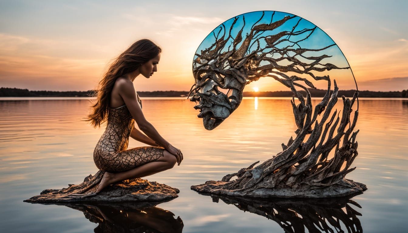 Surreal Sculpture of Woman with Cracked Mirrors