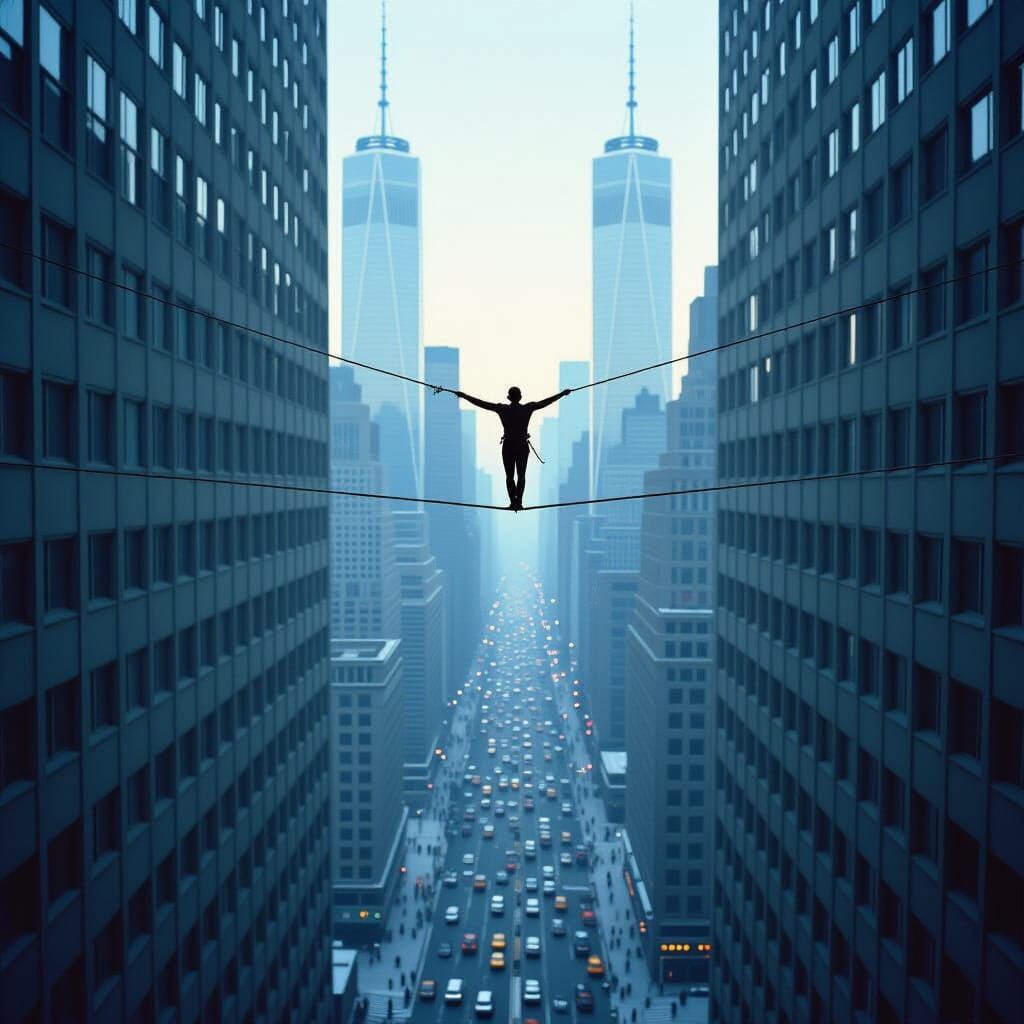 Frenchman on Tightrope Between Twin Towers