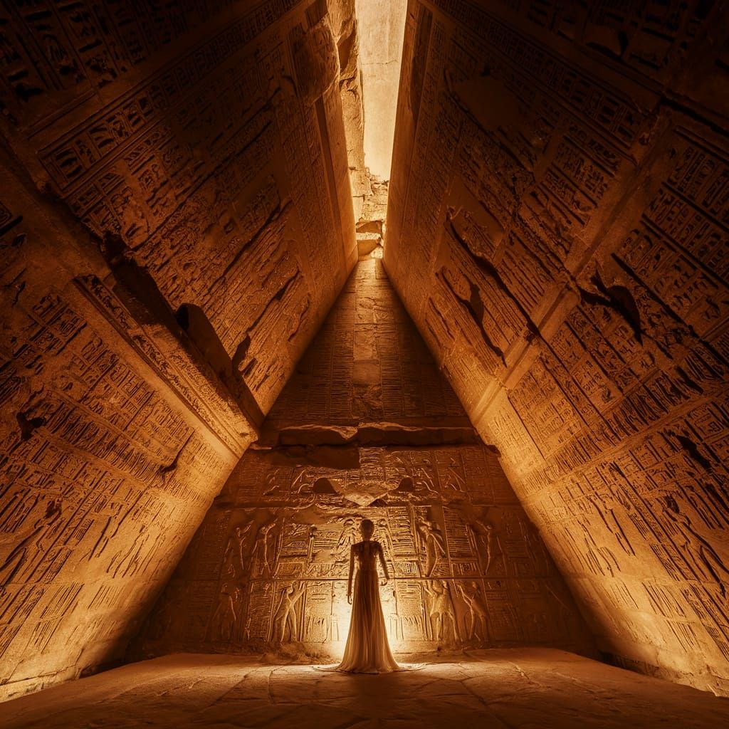 Solitary Figure in Golden Pyramid Sanctuary