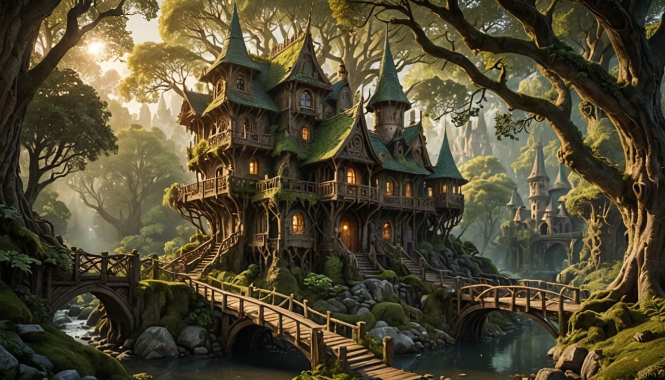 Elven House on Forest Riverbank in Photorealistic Style