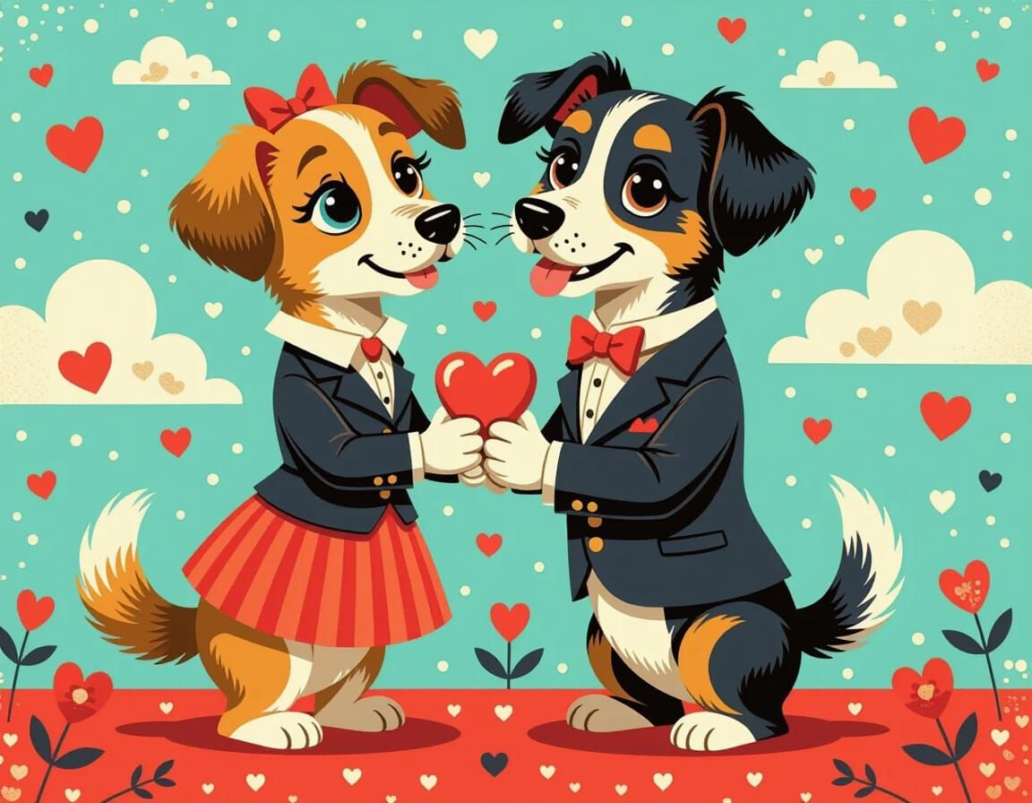 Victorian Canine Couple Celebrate Valentine's Day as 2D Cart...