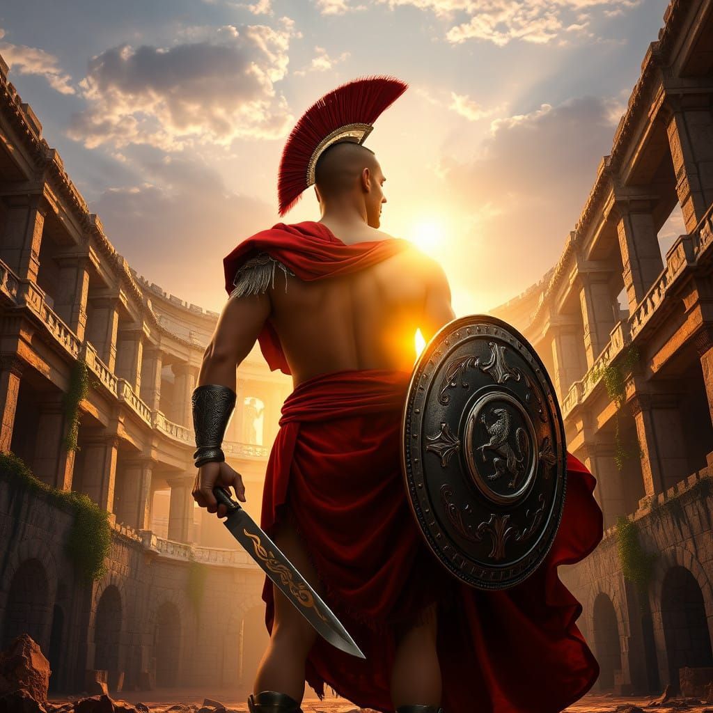 Roman Gladiator in Ancient Arena, Sunrise Glow