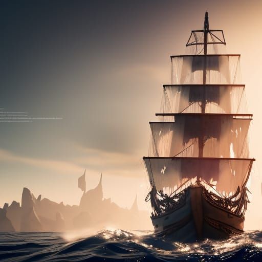 Ultra Realistic Pirate Ship at Pale Sunrise