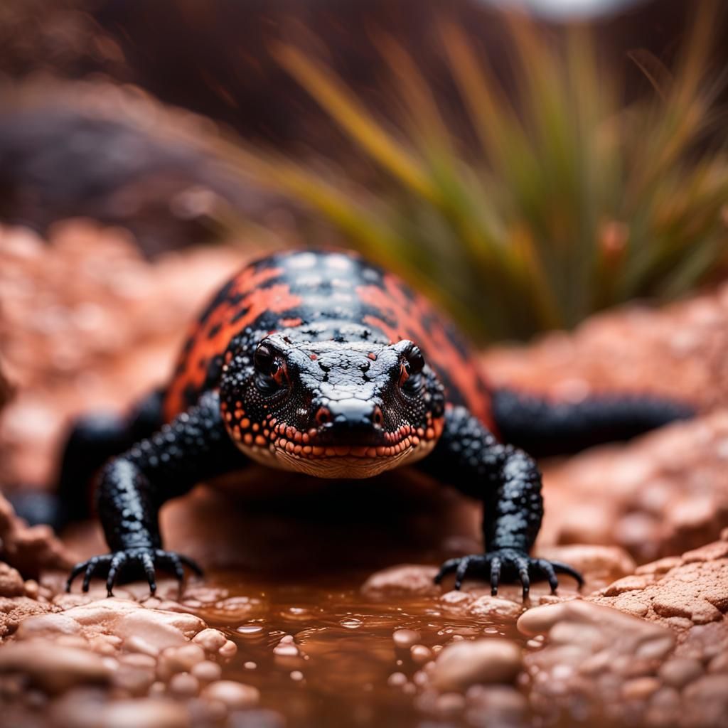 Gila Monster Drinks in Southwest Canyon at Golden Hour