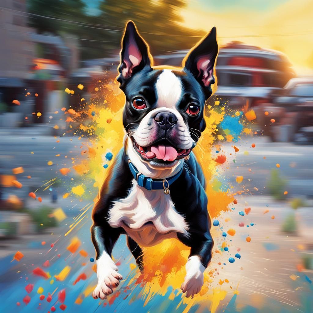 Boston Terrier Runs Wild: Hyperrealistic Splash Art