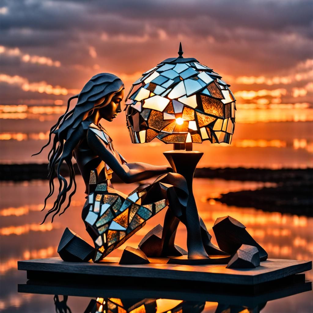 Surreal Sculpture Lamp with Kneeling Woman by Sunset
