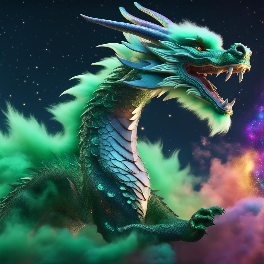 Friendly Green Dragon in Bioluminescent Galaxy, Digital Art