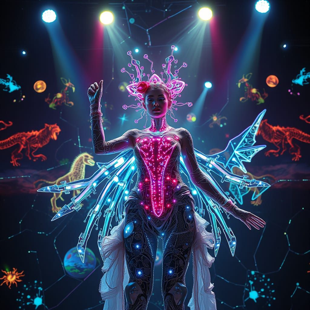 Futuristic Showgirl Performing Bio Art on Stage