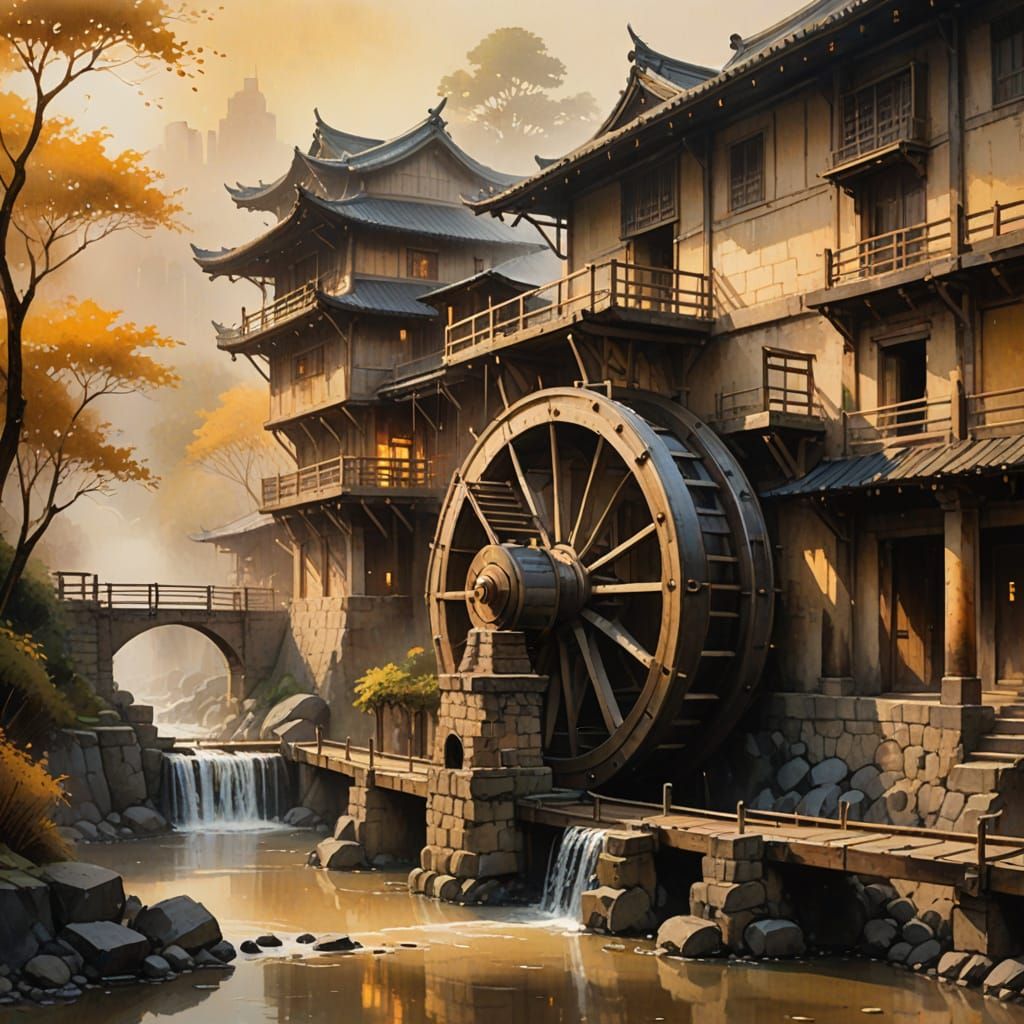 Industrial Fantasy Waterwheel in Soft Watercolor
