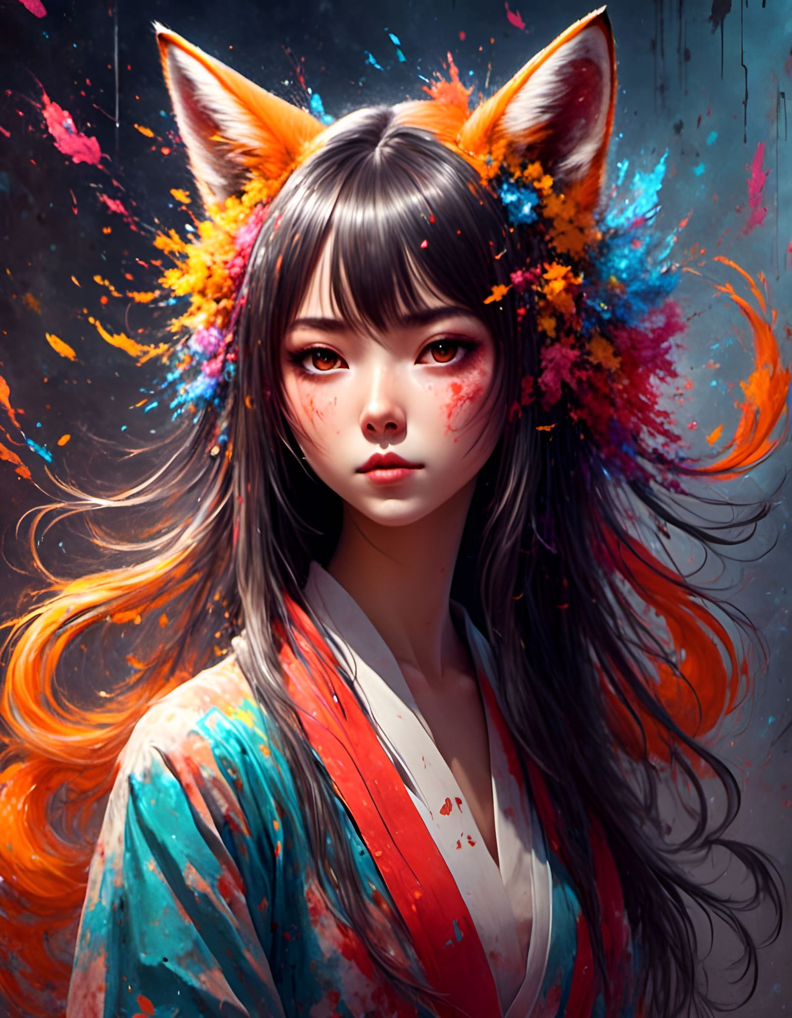 Vibrant Kitsune Girl in Surrealist Setting