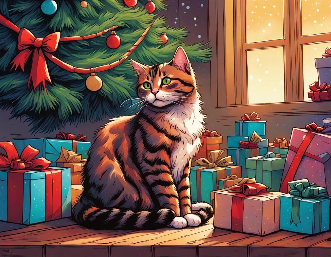 Festive Cat Portrait with Christmas Tree, Comic Book Art