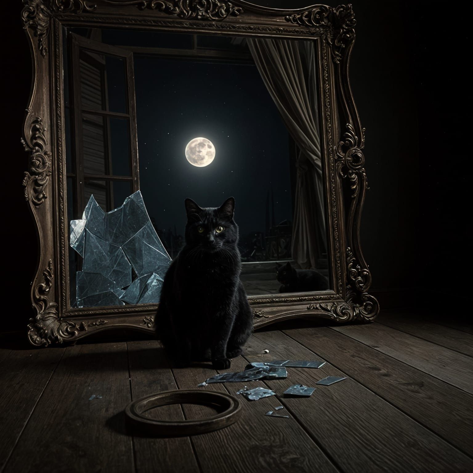 Dramatic Black Cat and Broken Mirror at Night