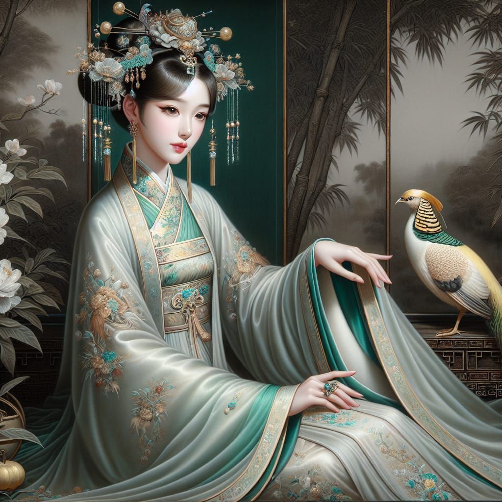 Elegant Chinese Princess in Traditional Silk Painting Style