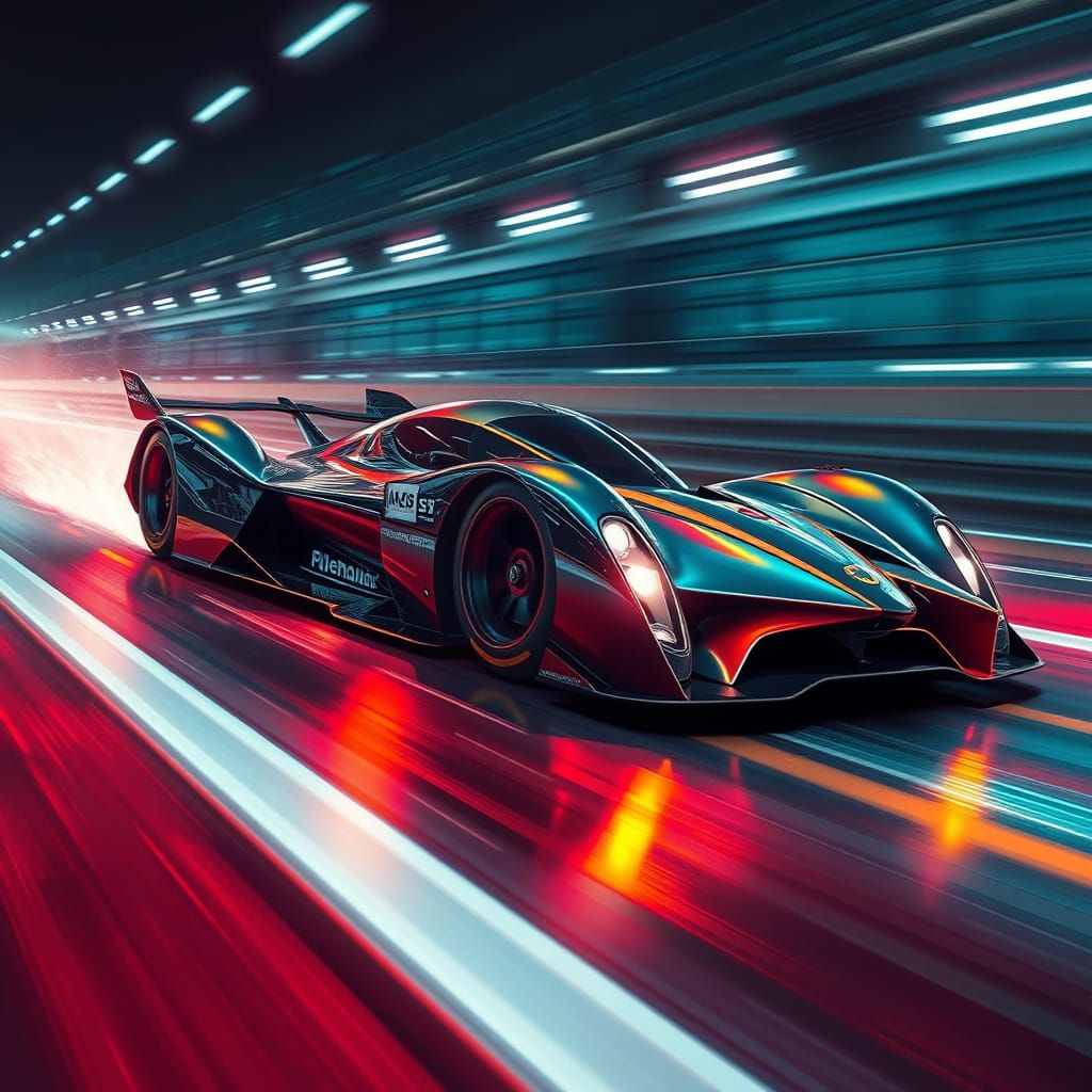 Cyberpunk Race Car Speeding on Neon Track