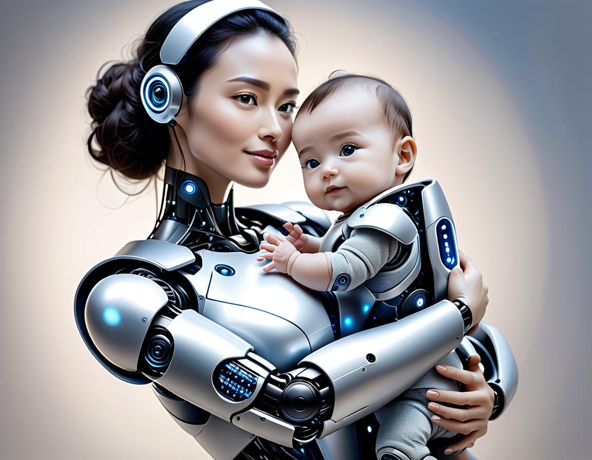 Human Woman with Baby Robot: Protective Embrace