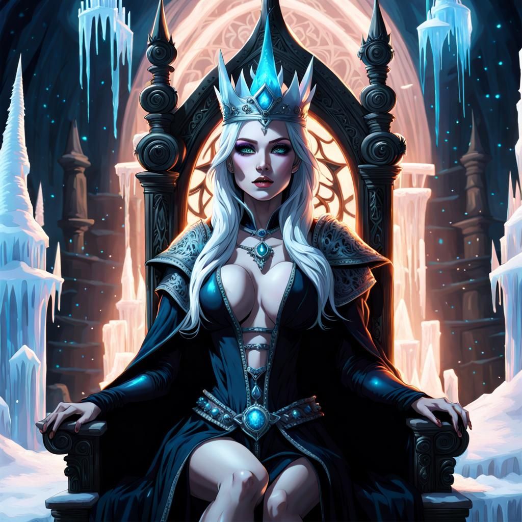 Icy Witch Queen on Throne in Dark Fantasy Style