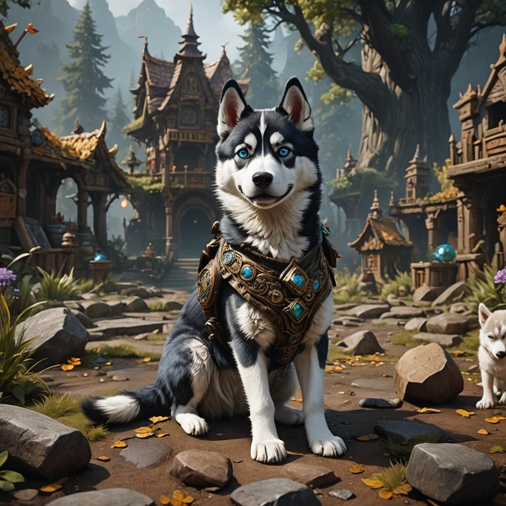 Baby Stroking a Husky in Matte Painting Style