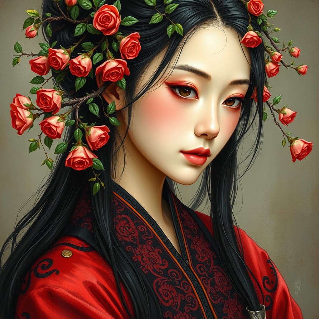 Asian Woman with Rosebushes in Hair Oil Painting