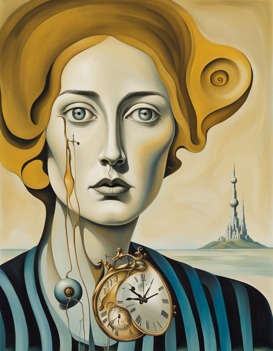 Surreal Female Portrait with Melting Clocks