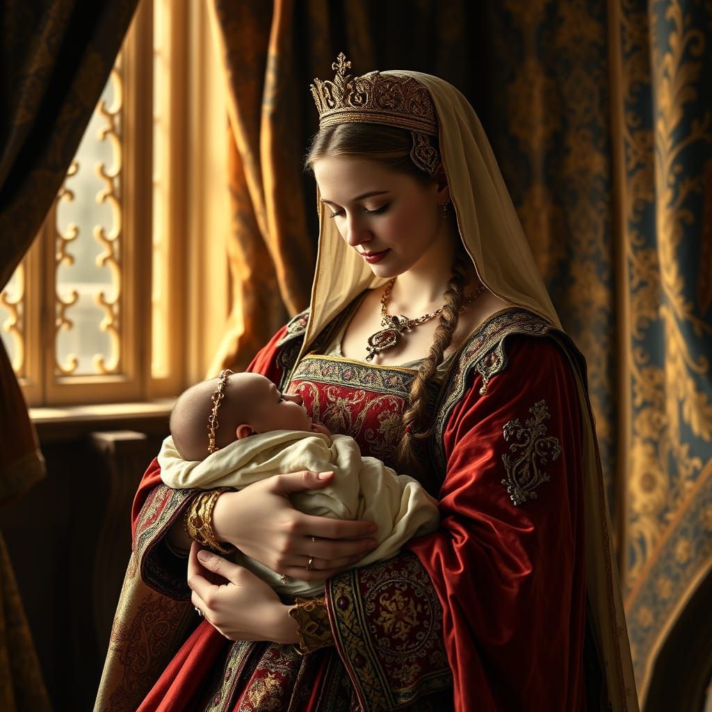 Medieval Duchess with Heiress in Pre-Raphaelite Style