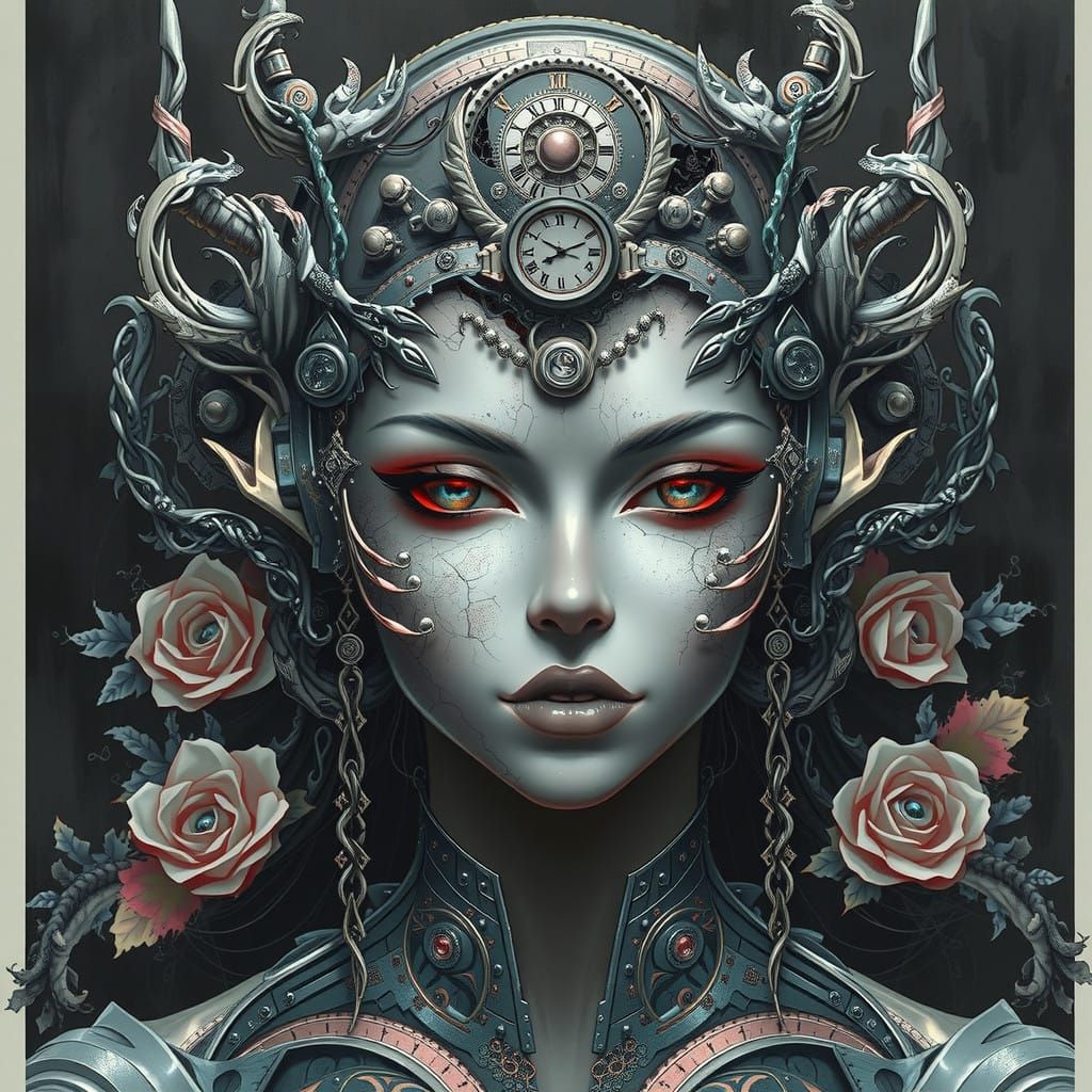 Dark Sorceress in Cyberpunk Armor, Inspired by Japanese Sumi...